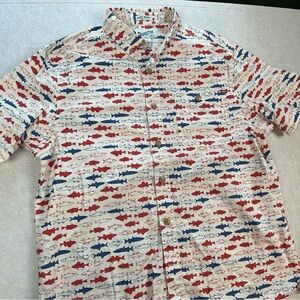 Duluth Trading Co Relaxed Fit Fish Print Button Down Short Sleeve Shirt Mens L